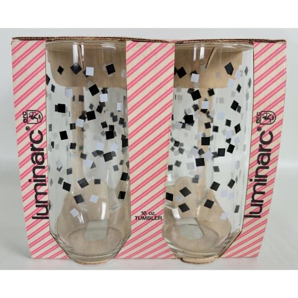 Vintage NOS Set of 4 Luminarc Durand Black White Confetti Tumbler Glasses 16oz - Picture 6 of 7